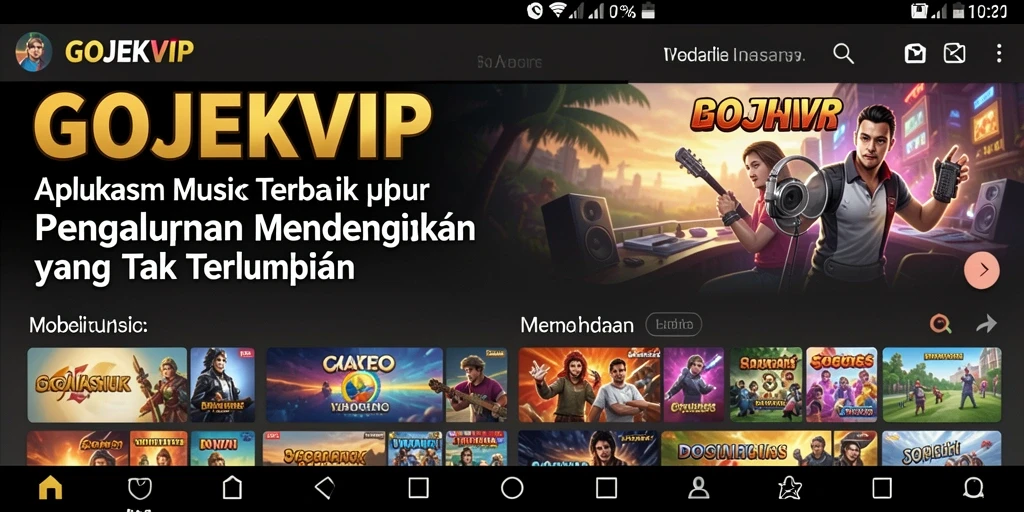 Screenshot GOJEKVIP menampilkan antarmuka aplikasi musik yang interaktif.
