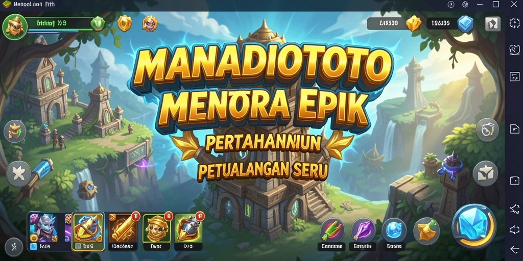 Screenshot gameplay menunjukkan serangan menara yang epik dalam MANADOTOTO.